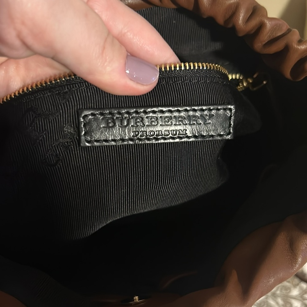 Burberry Brown Leather Drawstring Crossbody with Check Trim - Picture 9 of 16